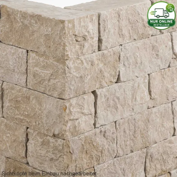 ORELLO CREMA Mauersteine ANTICO aus cremebeigem Kalkstein der Türkei, spaltraue Sichtflächen, Format 15x20x30-60cm