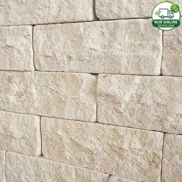 VIA ALBA Mauersteine aus beigem Kalkstein aus Ägypten, spaltraue Sichtflächen, Format 15x20x40cm