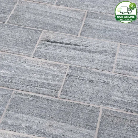 Pflasterplatten aus BIASCA Gneis – silbergrau-linierter Naturstein für Wege und Flächen